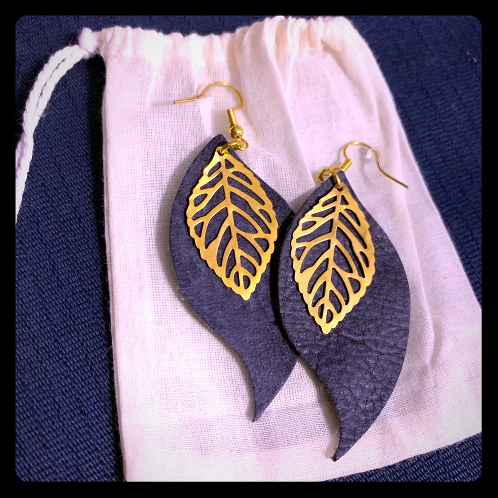 Epoca Boho Gold Leaf Navy Leather Earrings - NEW